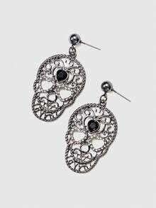 ROMWE Goth 1 对哥特式女士时尚耳环 - 镂空金属骷髅头设计镶嵌水钻，适合时尚派对、万圣节和日常佩戴 - 槍黑色 - 查看 2