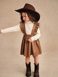 SHEIN Reset Phase Set de 2 piezas: Blusa de unicolor con cuello mao y vestido con volantes en el bajo para niña