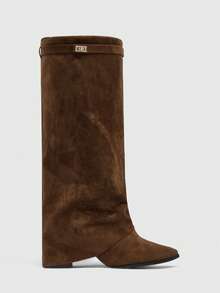 Daringsoles 女士尖头粗跟麂皮西部靴，修身高筒靴 - 卡其色 - 查看 7