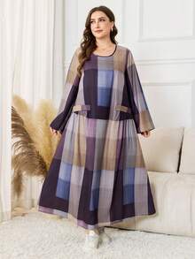 Lacomfia Große Größen Damen Langarm Kleid mit Karomuster in weiter Passform