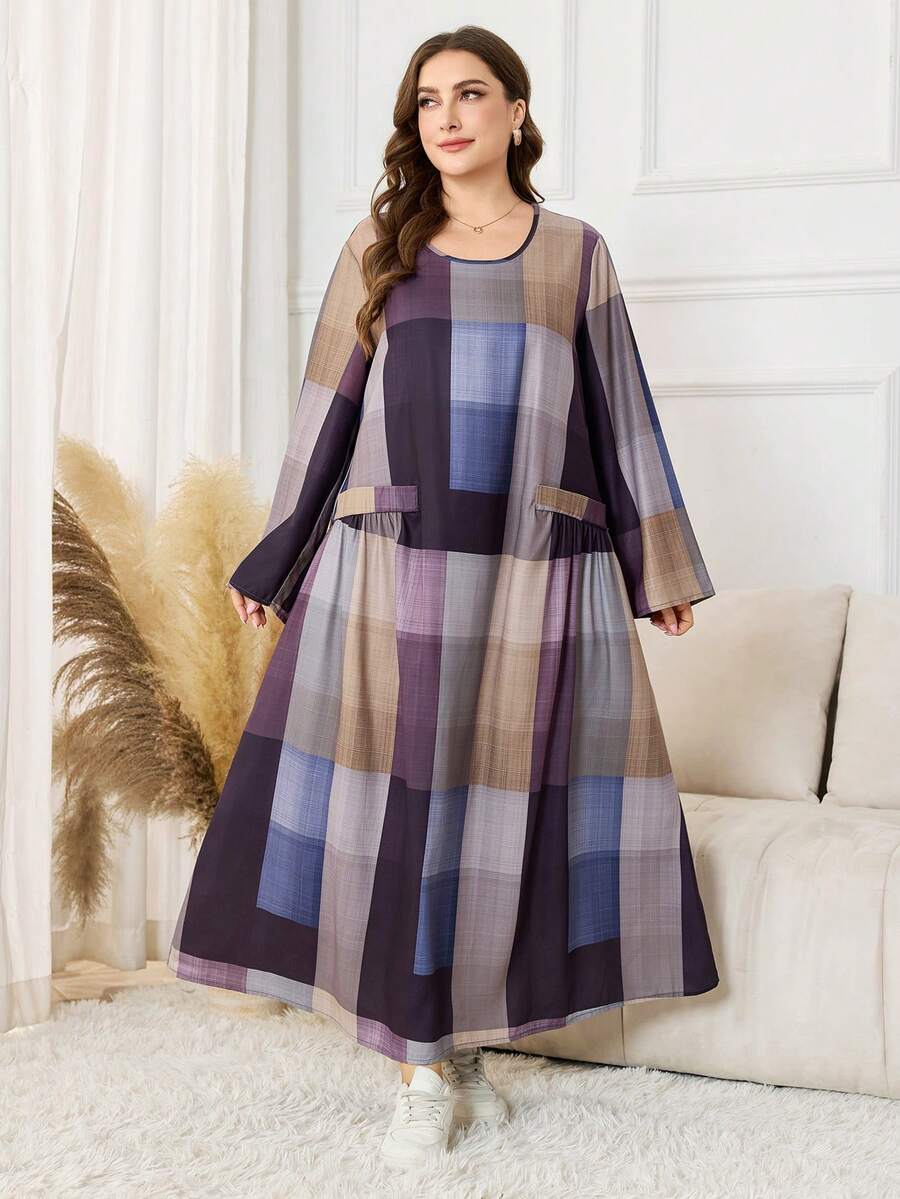 Lacomfia Große Größen Damen Langarm Kleid mit Karomuster in weiter Passform