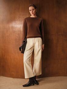 MOTF PREMIUM 100% 羊毛针织圆领长袖毛衣，秋冬 - 咖啡棕 - 查看 7