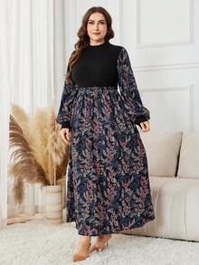 Lacomfia 印花拼接抓绒针织腰部休闲加大码女装连衣裙 - 彩色 - 查看 4