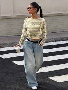 SHEIN EZwear 女士时尚新款黄色条纹长袖针织彩色条纹T恤，适合外出、街头服饰、Y2K风格 - 彩色 - 查看 5