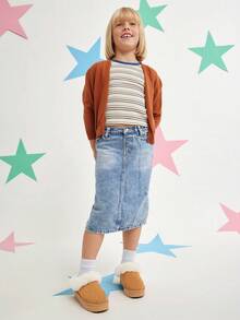 Mini mi #CozySteps Kids' Fabric Suede Tan Platform Clogs With Plush Fur Collar – Warm & Snug Style For Everyday Adventures