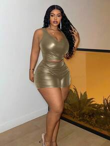 Slaydiva Quần short nữ cỡ lớn, thanh lịch, cạp cao, ôm sát, màu đen trơn, xếp ly hai bên, chất liệu vải phủ PU. - màu xanh lá - Xem 4