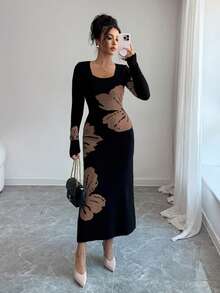 Elenzga Gaun Sweater Bodycon Rajut Jacquard Leher Persegi - Chocolate Brown - View 5