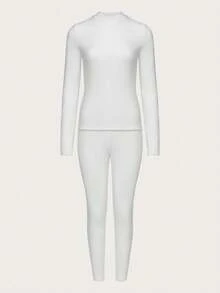 SHEIN Unity 女士纯色圆领长袖T恤和打底裤休闲两件套 - 彩色 - 查看 5