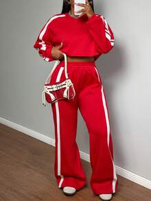 Slaydiva Nouvelle tenue automne/hiver pour femme, tenue de rentrée scolaire, costume d'Halloween, style business casual, tenue de tous les jours, streetwear à la mode, style académique vintage, chic sportif, sweat-shirt à manches longues et col V épaules tombantes avec bande blanche latérale, pantalon court et pantalon large, ensemble sweat-shirt en polaire rouge - 2 pièces