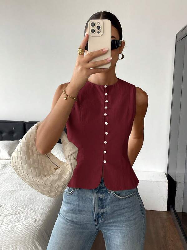 Siren Gaze Camisa casual sin mangas de mujer con cuello redondo, ajustada y con botones delanteros de unicolor