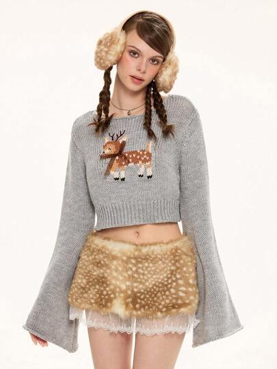 Kawaii Mignon Cerf Tricoté Court Évasé Manches Femmes Pull Tricoté