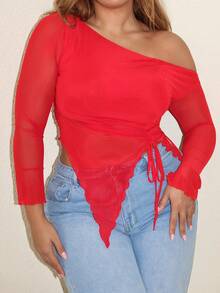 MelDlgn Plus Size Women Summer Mesh Bow Blouse, Elegant Holiday Party, Suitable For Birthday And Valentine's Day - Red - View 3
