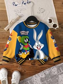 LOONEY TUNES X SHEIN Baby Boy Casual Colorblock Letter & Cartoon Graphic Crew Neck Sweatshirt, Autumn