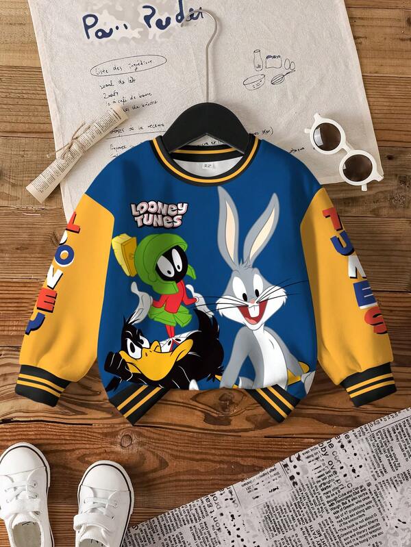 LOONEY TUNES X SHEIN Baby Boy Casual Colorblock Letter & Cartoon Graphic Crew Neck Sweatshirt, Autumn