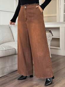 Dazy Plus 大码女式做旧磨边腰设计宽松阔腿复古休闲牛仔裤，适合所有季节 - 卡其色 - 查看 7