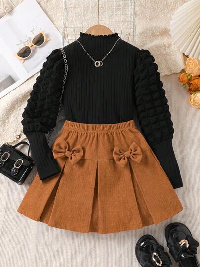 2 peças/Conjunto Top de Manga Bufante Preta Casual e Doce + Saia de Veludo Canelado Cáqui com Laço, Estilo Retrô Fofo, Ajuste Confortável, Adequado para Uso Diário, Viagem, Escola, Festa