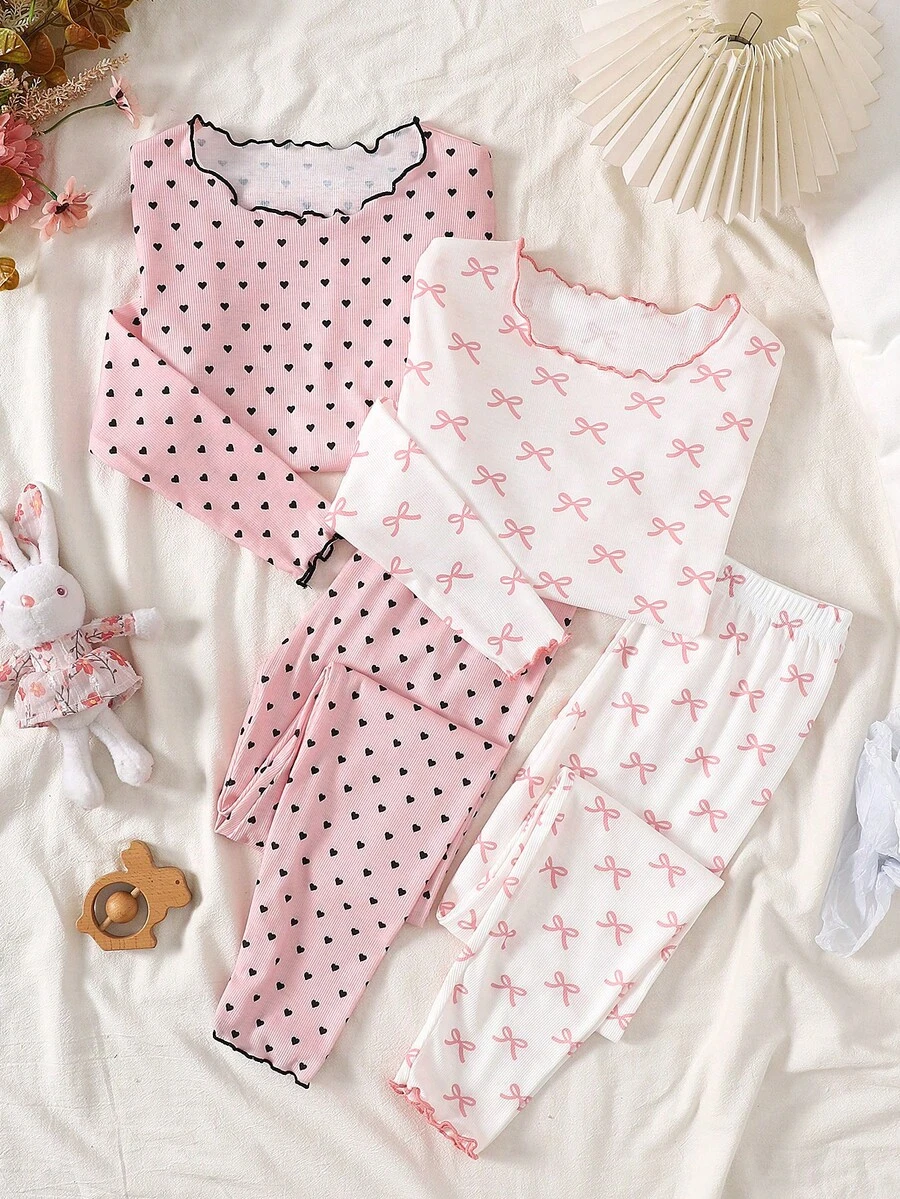 SHEIN 4pcs Tween Girls' Soft & Comfortable Pajama Set With Pink Bow & Black Polka Dot Print, Long Sleeve Top And Pants, Autumn/Winter Home Wear Girls Pajama Set Heart Print Pajama Set Two Piece Sleep Set Girls Sleepwear Bows Pajama Set