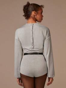 Athîral Women's Autumn Casual Everyday Grey Bodysuit Top,Long Sleeve Dropped Shoulder Loose Lantern Sleeve,Back Half Button Closure Body Suit,Fitted - Light Grey - View 2