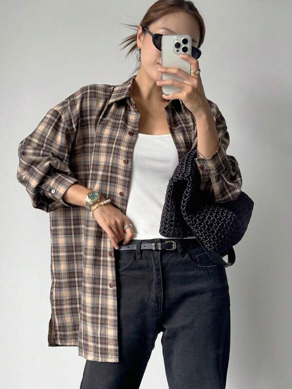 DAZY Women's Plaid Loose Turndown Collar Long Sleeve Shirt, Coffee Brown, Spring/Summer/Autumn