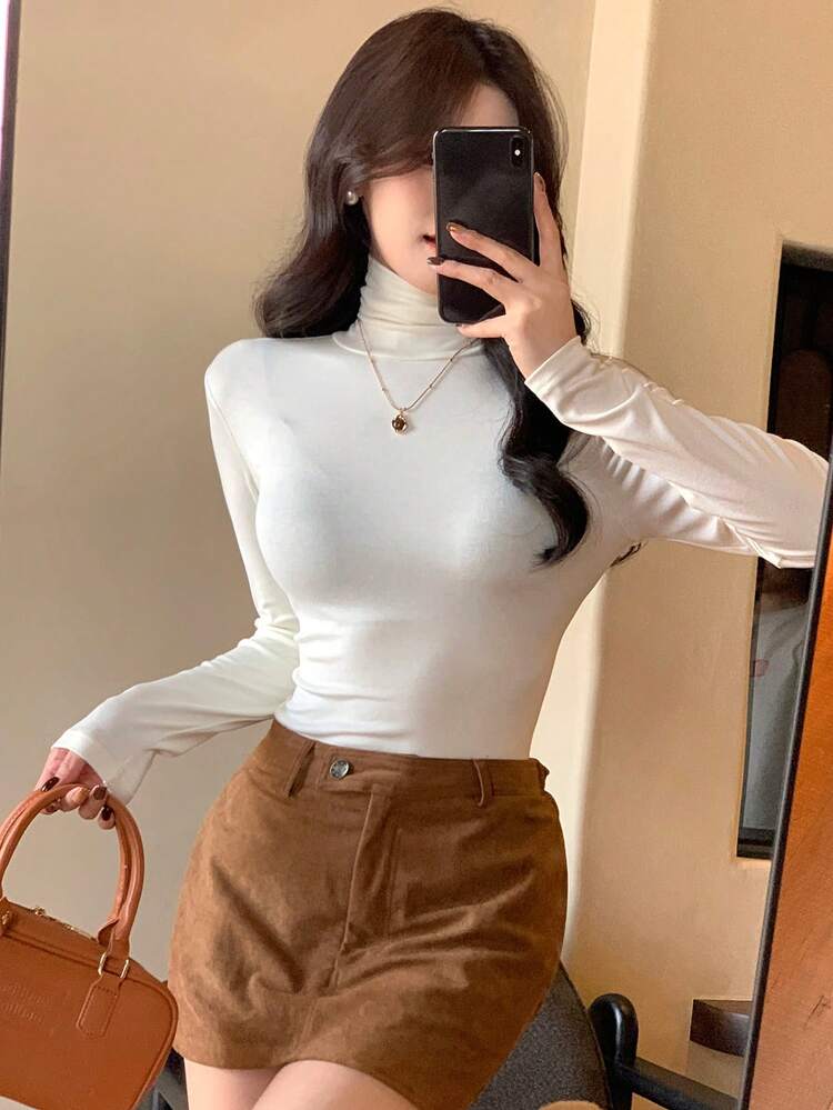 Women's Basic Solid Color Turtleneck T-Shirt, Autumn/Winter Long Sleeve Women