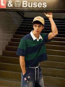 SWAVVY 男士针织休闲日常宽松短袖纽扣 Polo 衫 - 墨綠色 - 查看 5