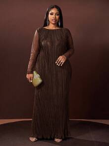 Veslaya 秋冬新品，优雅百搭，适合派对、约会、晚宴、毕业典礼、生日、婚礼等场合，宽松纯绿色网纱拼接长袖A字褶皱长裙，大码 - 圣诞连衣裙 - 棕色 - 查看 5