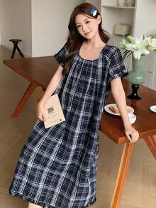 DAZY Plaid Ruched Design Frill Trim Loose Fit Women Casual Dress