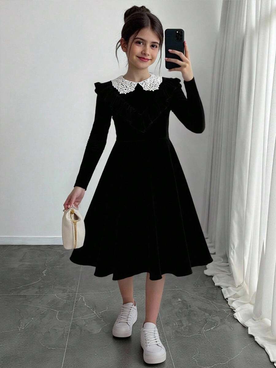 SHEIN 青少年女孩圣诞天鹅绒拼色荷叶边领长袖 A 字腰收腰优雅黑色连衣裙 - 黑色 - 查看 1