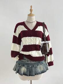 Elamini Women's Casual Versatile V-Neck Striped Lantern Sleeve Knit Sweater Top, Navy & Apricot, Autumn/Winter - Burgundy - View 4