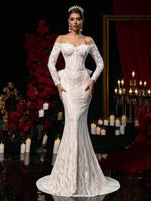 Glamrae Off-Shoulder Long Sleeve Backless Exaggerated Bow Decor Fitted Sexy Dress, Wedding Gown - White - View 4