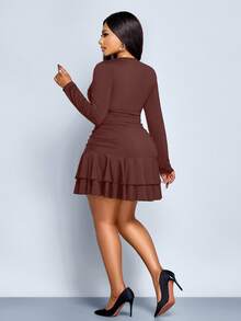SOLERSUN Autumn And Winter Plus Size Women's Early Autumn Black Knitted Fabric Daily Leisure Party Slim Long Sleeve Deep V Neck Lace Pleated Double Ruffle Hem Small Dress Fall Cloth For Women,Fall And Winter,Black Dress,Double Layered Ruffled Hem At The Hem,Halloween,Christmas,New Year Look,Prom Dress,Graduation Dress - Brown - View 4