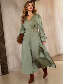 Roveilla Đầm dài tay chữ A cổ chữ V phối ren satin, eo thắt khóa kim loại, thanh lịch, lãng mạn, phù hợp mặc đi làm, thường ngày, phong cách đường phố, nơi làm việc, mùa thu/đông - xanh quân đội - Xem 3