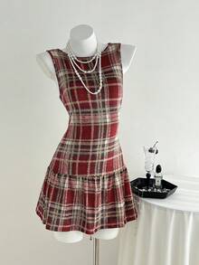 Elamini Váy ngắn kẻ caro chải kiểu cổ điển thời sinh viên - Đỏ - Xem 7