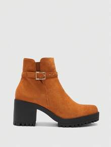 CUCCOO BIZCHIC Botas de tobillo de tacón alto grueso y versátiles de moda casual para mujer - Camel - Ver 2