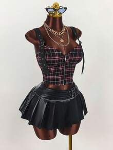 Amplova Plus Size Women Plaid Low-Cut Punk Street Style Adjustable Strap Front Zipper Crop Top - Multicolor - View 9