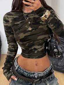 Coolane Áo thun ngắn tay màu xanh lá cây giản dị, cổ điển, thoải mái, họa tiết camo, phong cách đường phố mùa đông dành cho nữ - xanh quân đội - Xem 1