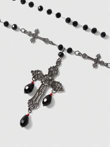 ROMWE 1pc Gothic Style Ascension Day Cross Beaded Tassel Necklace, Black Resin Metal Material Personalized, Suitable For Women Party & Everyday Wear - Black - View 9
