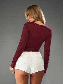 MISSGUIDED Long Sleeve Scoop Neck Crop Top For Women Fall Winter Fitted Ribbed Knit Casual Basic Tee Christmas - Burgundy - View 2