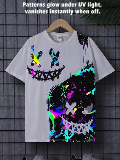 SHEIN Tween Boy Loose Casual Round Neck Luminous Print Short-Sleeved T-Shirt
