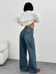 EURMUSE WIDE LEG LOW WAIST EMBRIODERY DETAIL JEANS - Medium Wash - View 2