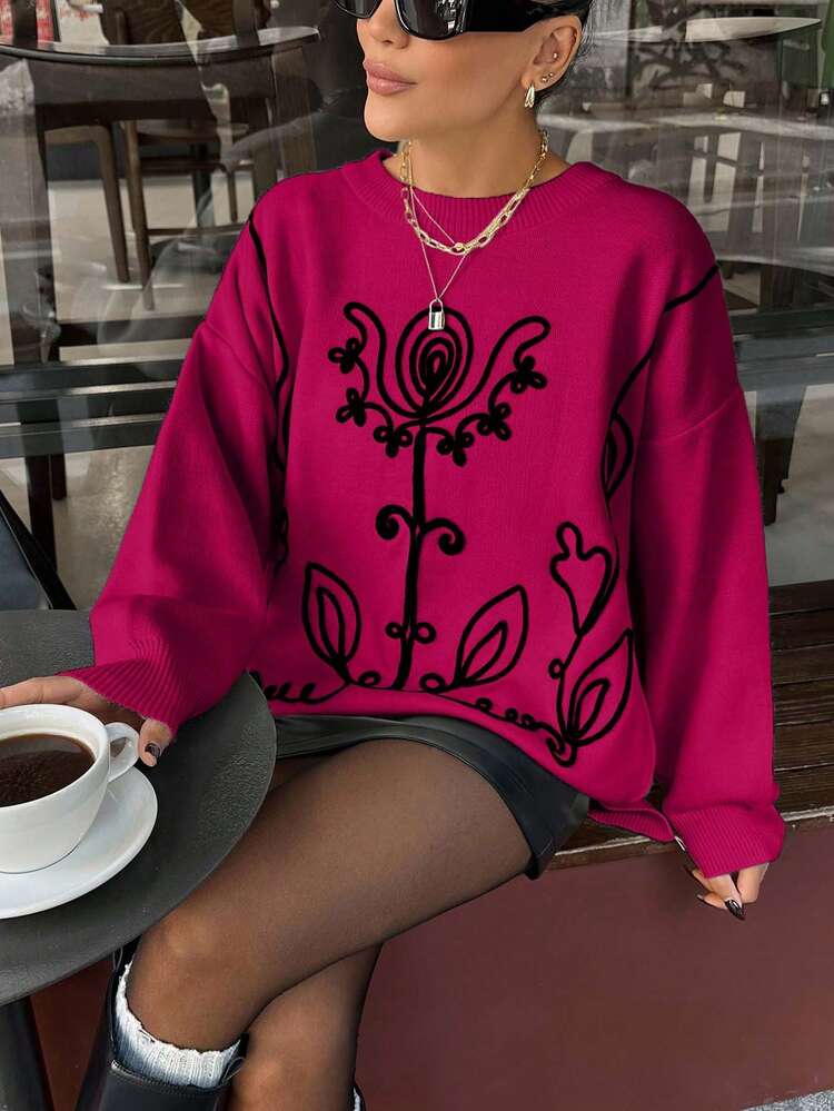 EURMUSE Casual Colorblock Embroidered Crew Neck Sweater, Autumn/Winter - Hot Pink - View 6
