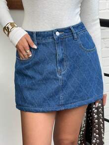 Siren Gaze Women's Diamond-Patterned Denim Midi Skirt With Thermal Lined - Autumn And Winter Summer - Dark Wash - View 1
