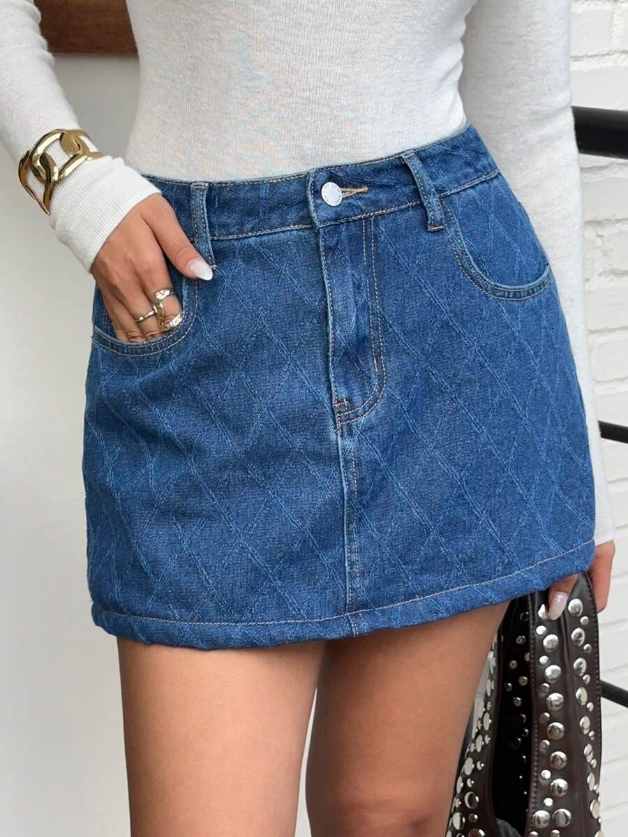 Siren Gaze Women's Diamond-Patterned Denim Midi Skirt With Thermal Lined - Autumn And Winter Summer - Dark Wash - View 1