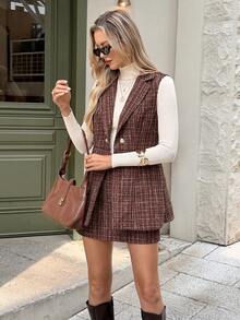 Serisse 女士无袖翻领时尚优雅上衣外套和迷你裙两件套 - 棕色 - 查看 8