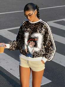 Betty Boop x SHEIN 女士豹纹卡通图案圆领长袖套头卫衣 - 白色 - 查看 5