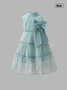 Sweetra 女童（小）公主风网眼蝴蝶3D装饰中长优雅连衣裙 - 綠色 - 查看 1