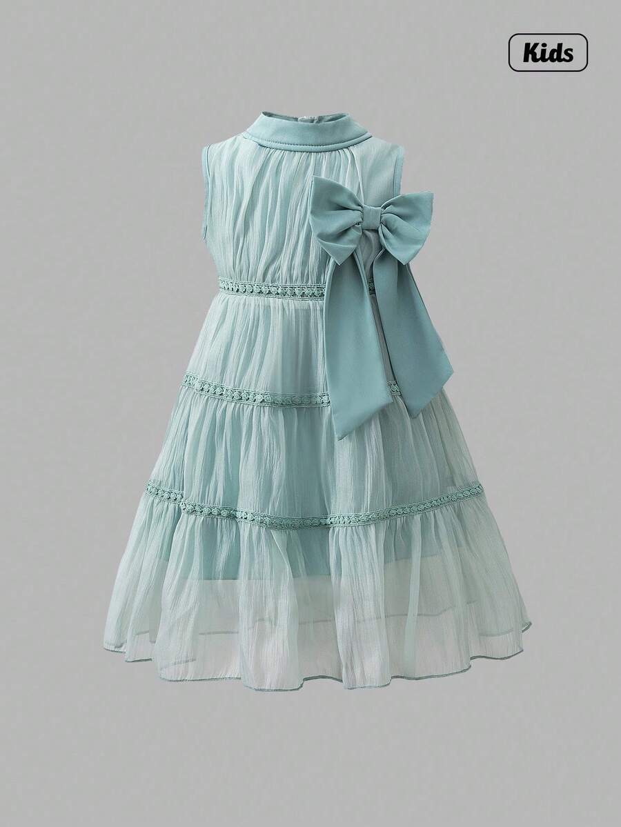 Sweetra 女童（小）公主风网眼蝴蝶3D装饰中长优雅连衣裙 - 綠色 - 查看 1