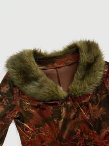 ROMWE EDITION 复古花卉印花毛绒拼布女式开衫夹克，万圣节 - 彩色 - 查看 4