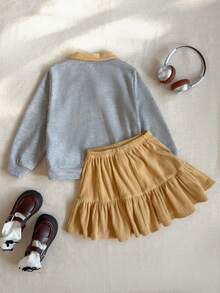 Joliand Joliand Conjunto de 2 piezas de sudadera con cuello polo gris con gráfico de perrito lindo y falda mini de pana amarilla, elegante y urbano para niña, adecuado para fiestas, salidas, uso diario, vuelta al colegio, verano y otoño - Multicolor - Ver 2