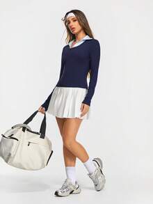 Eassivo Eassivo 女士条纹长袖修身运动Polo衫 - 藏蓝色 - 查看 7